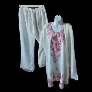 3 pc  Red and White Embroidered Pants Set Fits Medium NEW NWOT